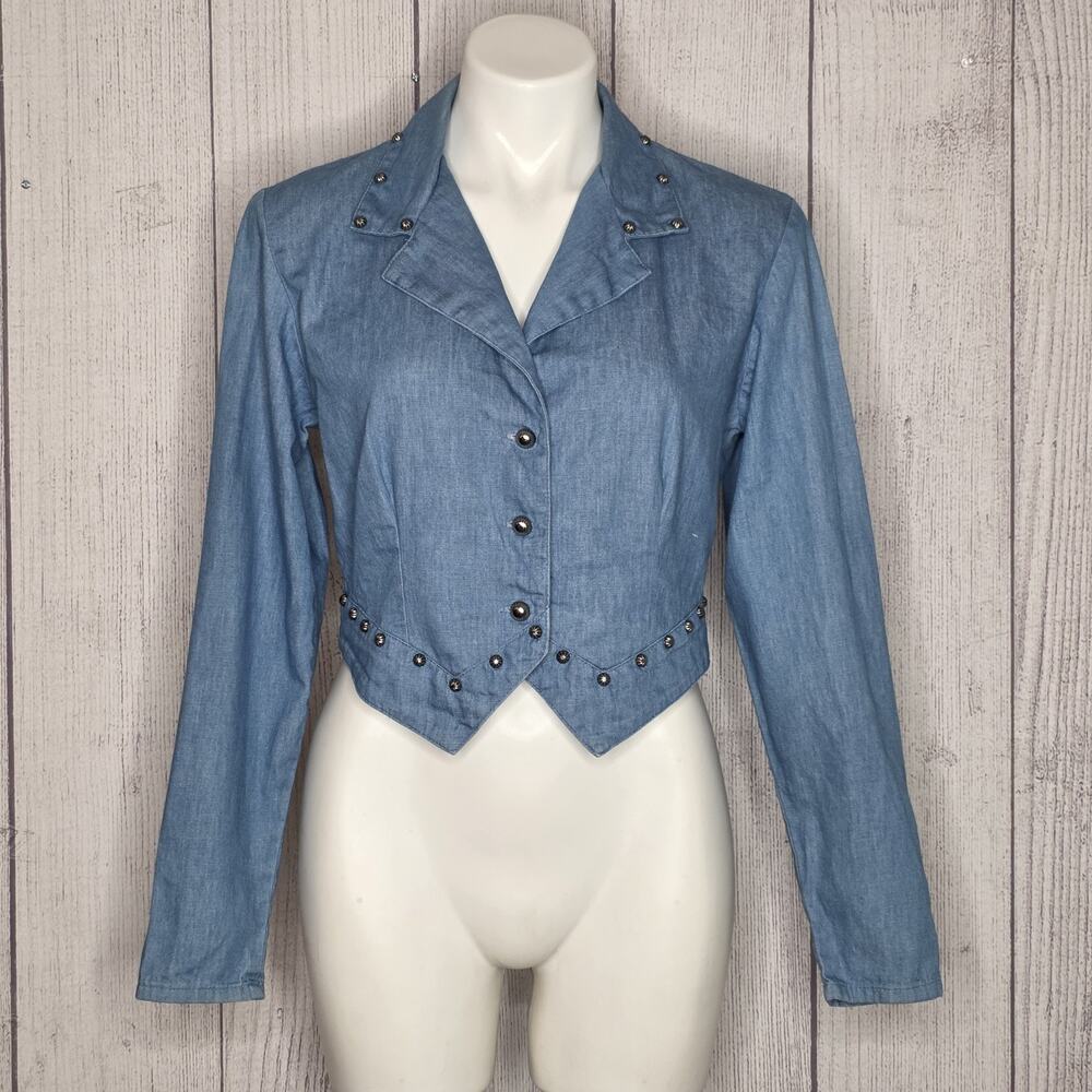 Vtg Roughrider Circle T Western Chambray Denim Crop Jacket Concho Stud, Small